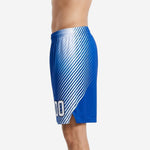 Opposite side view of royal blue and white sublimated basketball shorts with diagonal ray stripe detail running down the leg panel
