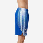 Side view of custom blue and white basketball shorts showing elastic waistband, internal drawcord, and sublimated ray line pattern on leg panel