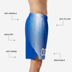 Size and specification sheet for custom blue and white sublimated basketball shorts showing youth and adult sizing chart and print zone layout