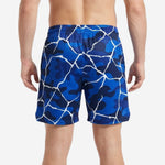 Back view of royal blue and navy camo basketball shorts with full-dye sublimation pattern and elastic drawcord waistband
