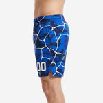 Second side view of mens custom blue and white basketball shorts with white crackle overlay and sublimated player number on thigh