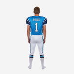 Left side view of matching youth football uniform in sky blue, navy and white showing jersey hem, elastic waistband, drawcord belt area, and full-length pant stripe