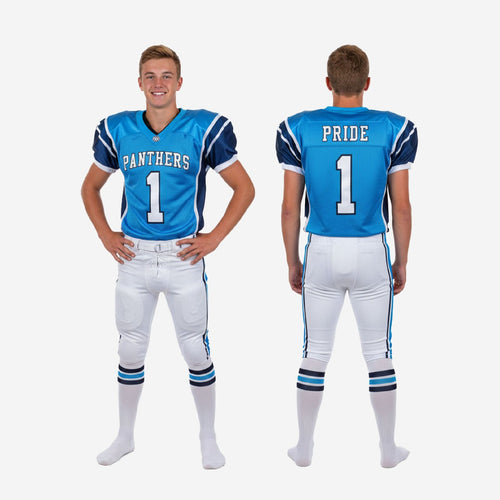 Size and spec sheet for custom youth football uniforms for teams in blue and white, showing youth size range and print zone layout