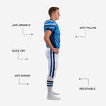 Back view of blue youth American football uniform with sublimated back number and navy side panel detail