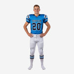 Blue youth football uniforms royal blue jersey with navy side panels and white pants with dual side stripe front and back view