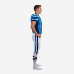 Custom blue and navy youth American football uniform front view with team name and number 20 sublimated on chest