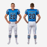 Youth football uniform size and specification sheet for custom royal blue and navy sublimated set in youth sizes