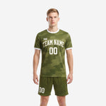 Bold Army Green custom green soccer uniforms mens camo kit front view with team name and number on jersey and matching shorts
