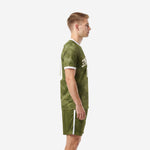 Bold Army Green custom green soccer uniforms mens camo kit left side view showing white sleeve trim and shorts side stripe