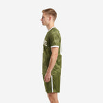 Bold Army Green custom green soccer uniforms mens camo kit right side view showing full woodland camo print on jersey and shorts