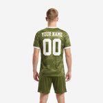 Bold Army Green custom soccer uniform sets camo sublimated jersey and shorts detail showing white contrast trim at collar and cuffs