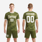 Bold Army Green sublimated soccer uniforms mens full 2-piece camo kit closeup showing full-dye print and athletic cut