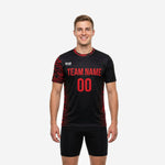 Bold black custom mens soccer training jersey with red camo sleeves and red team name printed on front chest