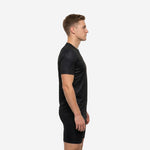 Side profile of black custom mens soccer training jersey showing athletic fit and crew neckline construction
