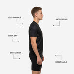 Sleeve detail of black and red dye sublimated training jersey showing camo pattern and crew neck trim