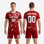 Back view of bold crimson custom red and black soccer uniforms showing full-dye sublimation coverage and back number zone