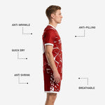 Matching crimson soccer shorts with white shatter-burst sublimation print and white hem band detail