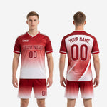 Custom red soccer uniform back view showing player name arc and back number print zone on gradient Dark Red to White kit