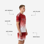 Matching Dark Red to White gradient soccer shorts with elastic waistband, drawcord, and three white leg stripes