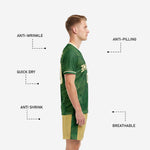 Close-up of forest green sublimated soccer jersey showing fern botanical pattern and cream chest team name lettering