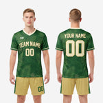 Vegas Gold custom soccer shorts with forest green fern stripe and green player number detail from green soccer uniforms set