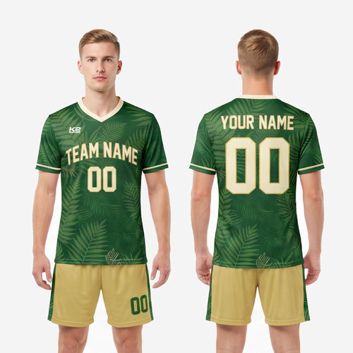 Vegas Gold custom soccer shorts with forest green fern stripe and green player number detail from green soccer uniforms set