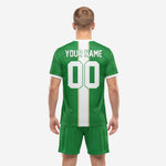 Kelly Green custom soccer jersey detail showing crew neck white rib collar and full-dye sublimation print quality