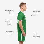 Matching Kelly Green soccer shorts with white side stripe and elastic drawcord waistband from K2 Sportswear