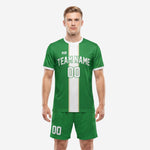 Bold Kelly Green custom men's soccer uniforms front view with white center panel and team name print by K2 Sportswear