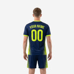 Close detail of neon yellow diagonal stripe sublimation panel on navy blue custom soccer jersey side panel