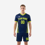Men's bold navy blue and neon yellow custom yellow soccer uniform set front view with team name and number on chest