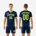 Back view of men's bold navy and neon yellow custom yellow soccer uniform showing surname and back number print zones