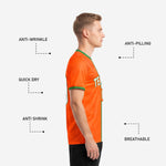Crew neckline with Kelly Green rib trim on custom orange soccer jersey