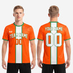 Vertical white center panel with Kelly Green border stripe on custom orange team soccer jersey