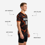 Close-up of orange V-neck collar detail on custom mens soccer training jersey with full-dye sublimation lava print
