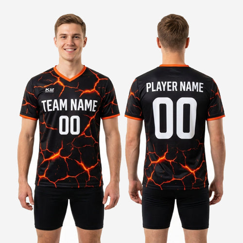 Detail shot of Athletic Orange lava-crack full print sublimation on black custom soccer training jersey for club and school teams