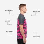 Crew neckline detail on bold hot pink and charcoal sublimated custom soccer jersey with pink contrast trim