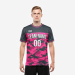 Men's bold hot pink and charcoal digital camo custom printed soccer jersey front view with team name and number