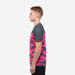 Full body view of bold hot pink and charcoal digital camo men's custom printed soccer jersey