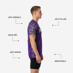 Back view zone of bold purple soccer training jersey showing player name and number placement in neon green sublimation