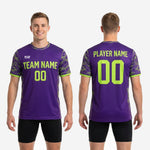 Crew neck collar detail of bold purple custom soccer training jersey with neon green sublimated trim stitching
