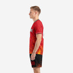 Red and black soccer uniform set close-up of flame gradient full-dye sublimation print on 100 percent polyester fabric
