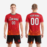 Custom red and black soccer uniforms front and back view with TEAM NAME chest print and player number sublimation