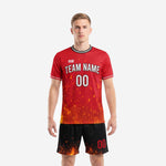 Fire Red custom soccer jersey detail showing flame gradient hem transitioning from red through gold to black