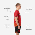 Men's red and black soccer uniform side view with anti-wrinkle quick-dry anti-pilling breathable fabric callouts