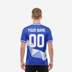 Back view of Bold Royal Blue custom men's soccer t shirts with YOUR NAME and number 00 printed in white sublimation