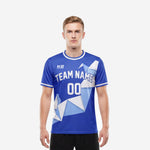 Collar and sleeve cuff detail showing white double-stripe trim on Bold Royal Blue custom men's soccer t shirts