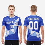 Close-up detail of geometric crystal sublimation print in Ice Blue and White on Royal Blue men's soccer t shirt
