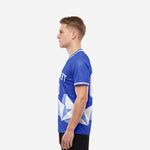 Bold Royal Blue custom men's soccer t shirts showing Ice Blue and White geometric lower panel, right side view