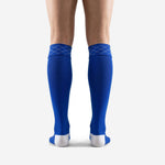 Bold royal blue custom soccer socks close up of ribbed diamond-pattern cuff band in Royal Blue and white